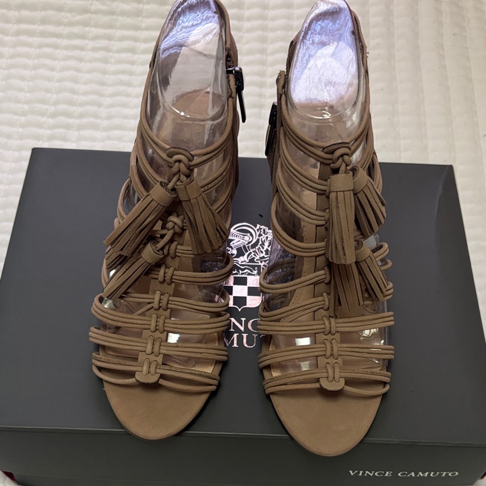 Vince Camuto Strappy Tassel Heeled Sandals in Taupe